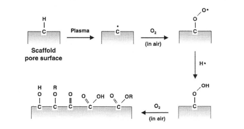 氧等離子體在與材料表面接觸時(shí)羥基化、羧基化的示意圖